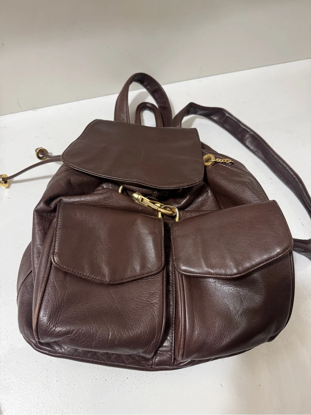 Bloomandel Premium Dark Brown Leather Drawstring Backpack with Front Pockets